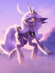 Size: 1536x2048 | Tagged: artist needed, safe, imported from derpibooru, princess luna, alicorn, backlighting, cloud, crown, floppy ears, folded wings, jewelry, looking up, moon, peytral, regalia, s1 luna, sky, slim, solo, sunset, thin, turned head, unshorn fetlocks, wings