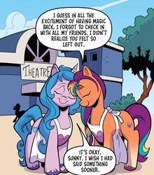 Size: 1074x1220 | Tagged: safe, artist:andypriceart, idw, imported from derpibooru, izzy moonbow, observer (character), sunny starscout, earth pony, pony, unicorn, spoiler:comic, spoiler:g5comic, spoiler:g5comic08, apology, apron, bracelet, clothes, coat markings, cute, duo, duo female, eyes closed, female, friendship bracelet, g5, jewelry, mare, multicolored mane, reconciliation, shipping fuel, silhouette, smiling, socks (coat markings), theater, unshorn fetlocks