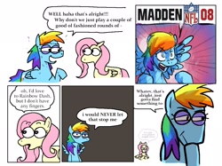 Size: 2223x1666 | Tagged: safe, artist:punkittdev, imported from derpibooru, part of a set, fluttershy, rainbow dash, pegasus, pony, comic, dialogue, duo, duo female, female, horsecomix, madden 08, mare, speech bubble, squint, sweat