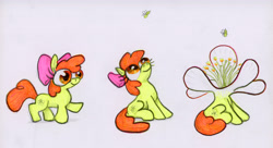 Size: 4500x2440 | Tagged: safe, artist:ja0822ck, imported from derpibooru, apple bloom, bee, earth pony, insect, alternate cutie mark, apple flower, cyriak, female, filly, flower, foal, i can't believe it's not badumsquish, literal, looking up, mori mori no mi, name pun, not salmon, pun, simple background, traditional art, wat, what has magic done, what has science done, where is your god now?
