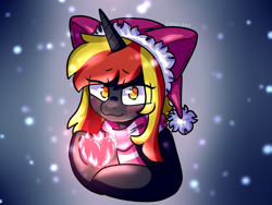 Size: 1600x1200 | Tagged: safe, artist:alex69vodka, imported from derpibooru, oc, oc:java, pony, unicorn, bust, christmas, clothes, female, hat, heart, holiday, horn, looking at you, magic, santa hat, scarf, simple background, unicorn oc