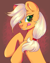Size: 1731x2160 | Tagged: safe, artist:ske, imported from derpibooru, applejack, earth pony, pony, abstract background, fangs, looking at you, missing accessory, smiling, solo, tongue out