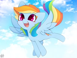 Size: 4000x3000 | Tagged: safe, artist:zokkili, imported from derpibooru, rainbow dash, pegasus, pony, cloud, cute, dashabetes, female, flying, looking at you, mare, open mouth, open smile, smiling, solo, spread wings, wings