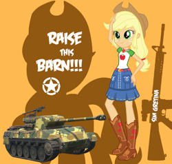 Size: 1000x952 | Tagged: safe, artist:edy_january, artist:sim gretina, imported from derpibooru, applejack, earth pony, human, equestria girls, equestria girls series, album, album cover, assault rifle, boots, chocolate background, cowboy boots, cowboy hat, cowgirl, cowgirl outfit, gun, hat, hellcat (tank), m16, m16a4, m18hellcat, music, orange background, raise this barn, raise this barn (song), rifle, shoes, sim gretina, simple background, song, stetson, super hellcat, tank (vehicle), texas, weapon