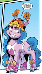 Size: 575x1004 | Tagged: safe, artist:andypriceart, idw, imported from derpibooru, izzy moonbow, pony, unicorn, spoiler:comic, spoiler:g5comic, spoiler:g5comic08, 20% cooler, antennae, apron, bow, clothes, confident, decoration, female, flower, g5, grin, heart, helmet, mare, roller skates, skates, smiling, solo, sparkles