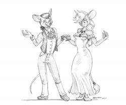 Size: 1400x1173 | Tagged: safe, artist:baron engel, imported from derpibooru, applejack, oc, oc:king trafalgar maximilian augustus leopold iii, anthro, mouse, plantigrade anthro, black and white, clothes, dress, female, grayscale, male, monochrome, mousified, pencil drawing, species swap, story included, traditional art, transformation