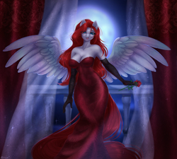 Size: 2000x1800 | Tagged: safe, artist:alicesmitt31, imported from derpibooru, oc, oc only, oc:prism shift, anthro, pegasus, backlighting, balcony, big breasts, breasts, cleavage, clothes, curtains, dress, evening dress, evening gloves, evening gown, female, flower, full body, gloves, gown, hair over one eye, lidded eyes, long dress, long gloves, looking at you, moon, rose, spread wings, wings