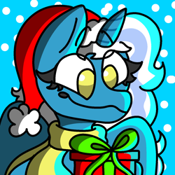 Size: 1280x1280 | Tagged: safe, artist:solostudios9898, imported from derpibooru, oc, oc only, oc:fleurbelle, alicorn, pony, alicorn oc, christmas, clothes, female, hat, holiday, horn, mare, present, santa hat, scarf, smiling, snow, snowfall, solo, wings, yellow eyes