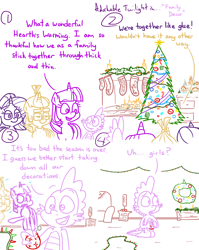 Size: 4779x6013 | Tagged: safe, artist:adorkabletwilightandfriends, imported from derpibooru, moondancer, spike, starlight glimmer, twilight sparkle, alicorn, dragon, pony, comic:adorkable twilight and friends, adorkable, adorkable twilight, candle, christmas, christmas decoration, christmas lights, christmas stocking, christmas tree, clothes, comic, cute, dork, fireplace, happy, hearth's warming, hearth's warming tree, hiding, holiday, running away, slice of life, stockings, thigh highs, tree, twilight sparkle (alicorn), wreath