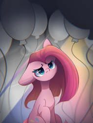 Size: 1600x2100 | Tagged: safe, artist:miryelis, imported from derpibooru, pinkie pie, earth pony, pony, alone, balloon, big ears, gradient background, impossibly large ears, long hair, looking up, pinkamena diane pie, sad, simple background, sitting, solo