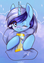 Size: 1024x1449 | Tagged: safe, artist:cottonaime, imported from derpibooru, minuette, pony, unicorn, blushing, cloud, cute, cutie mark, looking at you, minubetes, one eye closed, pillow, solo, wink
