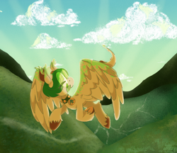 Size: 1774x1533 | Tagged: safe, artist:pagophasia, derpibooru exclusive, imported from derpibooru, oc, oc only, oc:hortis culture, hybrid, pony, backlighting, cloud, collar, crepuscular rays, daytime, detailed background, ear tufts, eyes closed, flying, frog (hoof), full body, glasses, grass, hill, horns, leaf, mountain, nonbinary, open mouth, open smile, round glasses, smiling, solo, sunrise, underhoof, unshorn fetlocks, valley, wings