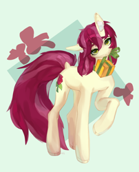 Size: 2300x2846 | Tagged: safe, artist:marsellies, imported from derpibooru, roseluck, earth pony, pony, christmas gift, collar, commission, commissioner:doom9454, cute, dock, mouth hold, pony pet, rosepet, solo, tail