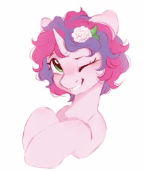 Size: 868x1018 | Tagged: safe, artist:melodylibris, imported from derpibooru, oc, oc only, oc:melody (melodylibris), unicorn, blushing, bust, cute, female, flower, flower in hair, grin, horn, looking up, mare, ocbetes, one eye closed, rose, simple background, smiling, solo, unicorn oc, white background, white rose