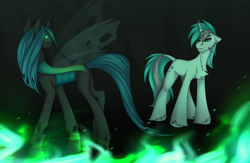 Size: 3004x1963 | Tagged: safe, artist:enderbee, imported from derpibooru, queen chrysalis, oc, changeling, changeling queen, pony, unicorn, antagonist, butt, canon x oc, chest fluff, commission, evil, fire, full body, horn, plot, standing, unicorn oc, ych result, your character here
