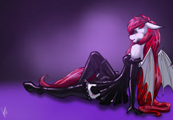 Size: 1180x820 | Tagged: safe, artist:stirren, imported from derpibooru, oc, oc only, anthro, bat pony, bat pony oc, breasts, clothes, commission, dress, female, gloves, latex, latex dress, looking at you, looking back, pinup, pose, socks, solo, thigh highs, ych result