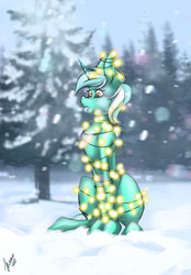 Size: 820x1180 | Tagged: safe, artist:stirren, imported from derpibooru, lyra heartstrings, pony, unicorn, christmas, christmas lights, female, forest, garland, holiday, l.u.l.s., mare, silly, silly pony, sitting, slim, snow, snowfall, solo, tangled up, thin, tree