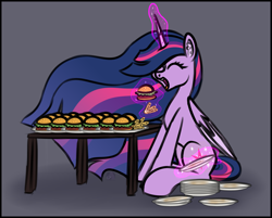 Size: 2925x2350 | Tagged: safe, alternate version, artist:sadfloorlamp, imported from derpibooru, twilight sparkle, alicorn, pony, season 9, the last problem, spoiler:s09, burger, cartoon physics, colored, colored wings, concave belly, cute, digestion without weight gain, ear fluff, eating, ethereal mane, ethereal tail, eyelashes, eyes closed, female, food, frame, french fries, glowing, glowing horn, hammerspace, hammerspace belly, high res, horn, lightly watermarked, long mane, long tail, magic, magic aura, mare, no source available, older, older twilight, open mouth, plate, princess twilight 2.0, signature, sitting, slim, solo, striped mane, striped tail, stuffing, table, tail, tall, telekinesis, that pony sure does love burgers, that pony sure does love eating, thin, twiabetes, twilight burgkle, twilight sparkle (alicorn), two toned wings, watermark, wings