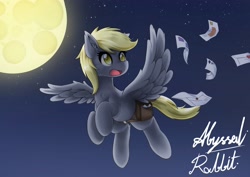 Size: 3508x2480 | Tagged: safe, alternate version, artist:abyssalrabbit, imported from derpibooru, derpy hooves, pegasus, pony, bag, digital art, female, flying, mail, mailbag, mare, moon, night, outline, signature, sky, solo, spread wings, wings