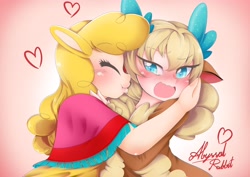 Size: 4096x2896 | Tagged: safe, artist:abyssalrabbit, imported from derpibooru, human, them's fightin' herds, anime, antlers, blushing, community related, duo, eared humanization, eyes closed, female, heart, horn, horned humanization, hug, humanized, kissing, lesbian, open mouth, paprika (tfh), shipping, that alpaca sure does love kisses, tsundeer, tsundere, velverika, velvet (tfh)