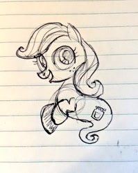 Size: 815x1024 | Tagged: safe, artist:mellodillo, imported from derpibooru, oc, oc only, ghost, ghost pony, pony, female, filly, foal, freckles, lined paper, open mouth, open smile, pen drawing, smiling, solo, traditional art