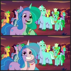 Size: 2880x2880 | Tagged: safe, imported from derpibooru, screencap, izzy moonbow, earth pony, pegasus, pony, unicorn, spoiler:tyts01e42, :o, alphabittle blossomforth, bridlewood, comparison, female, firework-ing together, g5, jazz hooves, looking at something, male, mare, my little pony: tell your tale, open mouth, pegasus royal guard, posey bloom, royal guard, rufus, smiling, stallion, thunder flap