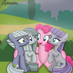 Size: 1300x1300 | Tagged: safe, artist:mlplary6, imported from derpibooru, limestone pie, marble pie, maud pie, pinkie pie, earth pony, pony, female, group hug, hug, looking at each other, looking at someone, mare, open mouth, open smile, pie sisters, sibling love, siblings, sisters, sitting, smiling, smiling at each other, when she smiles, wrong cutie mark