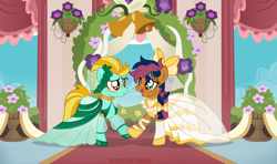 Size: 1100x650 | Tagged: safe, artist:jennieoo, imported from derpibooru, lightning dust, pegasus, pony, bells, blushing, bow, canon x oc, clothes, couple, dress, female, flower, freckles, happy, heart, heart eyes, lesbian, marriage, smiling, vector, wedding, wedding dress, wedding veil, wingding eyes