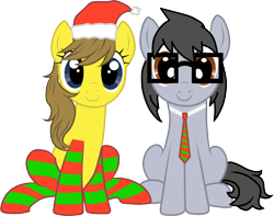 Size: 2008x1583 | Tagged: safe, artist:silver-bristle, derpibooru exclusive, imported from derpibooru, oc, oc only, oc:liz (cardshark777), oc:silver bristle, earth pony, pony, derpibooru community collaboration, 2023 community collab, brown eyes, clothes, duo, earth pony oc, female, glasses, gray mane, gray tail, hat, male, mare, necktie, show accurate, simple background, sitting, smiling, socks, stallion, striped socks, transparent background