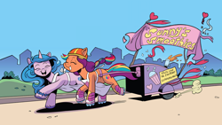 Size: 3840x2160 | Tagged: safe, artist:andypriceart, edit, idw, imported from derpibooru, izzy moonbow, sunny starscout, earth pony, pony, unicorn, spoiler:comic, spoiler:g5comic, spoiler:g5comic08, 4k, apron, bracelet, clothes, cute, duo, duo female, eyes closed, female, friendship bracelet, g5, galloping, high res, jewelry, mare, multicolored mane, open mouth, open smile, shipping fuel, skates, smiling, smoothie cart, unshorn fetlocks, upscaled, waifu2x