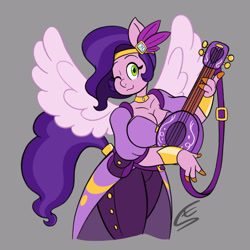 Size: 1600x1600 | Tagged: safe, artist:speed-fiend, imported from derpibooru, pipp petals, anthro, pegasus, adorapipp, bard, big breasts, breasts, busty pipp petals, cleavage, crossover, cute, dungeons and dragons, fantasy class, female, g5, gray background, human pipp petals, looking at you, lute, musical instrument, one eye closed, pen and paper rpg, rpg, simple background, solo