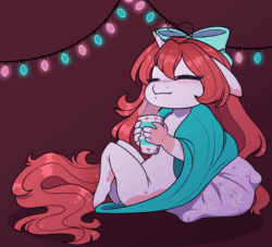 Size: 1100x1000 | Tagged: safe, artist:purplegrim40, imported from derpibooru, oc, oc only, oc:nokori, anthro, unicorn, animated, blanket, bow, chibi, chocolate, christmas, christmas lights, ear flick, eyes closed, female, floppy ears, food, gif, hair bow, holiday, hot chocolate, nudity, pillow, solo, string lights
