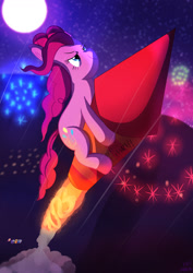 Size: 1240x1754 | Tagged: safe, artist:mrkat7214, imported from derpibooru, pinkie pie, earth pony, pony, 2023, fireworks, moon, new year, night, pinkie being pinkie, rocket, smiling, solo focus, starry night, this will end in death, this will end in tears, this will end in tears and/or death