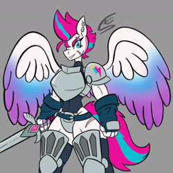 Size: 1920x1920 | Tagged: safe, artist:speed-fiend, imported from derpibooru, zipp storm, anthro, pegasus, armor, clothes, crossover, dungeons and dragons, ear piercing, fantasy class, female, fighter, fingerless gloves, g5, gauntlet, gloves, gray background, pen and paper rpg, piercing, rpg, scar, simple background, solo, sword, warrior, warrior zipp storm, weapon