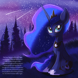Size: 2048x2048 | Tagged: safe, artist:thebigstuff89, imported from derpibooru, princess luna, alicorn, pony, flowing mane, forest, night, shooting star, solo, stars, text