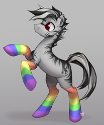 Size: 2982x3600 | Tagged: safe, artist:oops pio, imported from derpibooru, oc, oc only, zebra, clothes, full body, gradient background, gray background, happy, male, rainbow socks, simple background, smiling, socks, solo, stallion, standing, standing on two hooves, striped socks, zebra oc