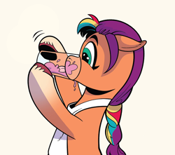 Size: 850x750 | Tagged: safe, artist:andypriceart, idw, imported from derpibooru, sunny starscout, earth pony, pony, spoiler:comic, spoiler:g5comic, spoiler:g5comic08, apron, behaving like a dog, clothes, cute, drinking, female, floppy ears, g5, glass, horse problems, licking, mare, multicolored mane, smoothie, solo, sunnybetes, tongue out, unshorn fetlocks