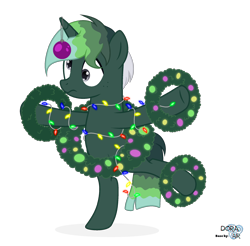 Size: 2202x2165 | Tagged: safe, artist:angel_animotr, artist:angelina-pax, imported from derpibooru, oc, oc only, oc:guaiacol, pony, unicorn, base used, christmas ornament, christmas wreath, decoration, horn, lights, simple background, solo, standing, standing on one leg, string lights, transparent background, unicorn oc, wreath