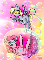 Size: 2200x3000 | Tagged: safe, artist:loverashley, imported from derpibooru, derpy hooves, pinkie pie, earth pony, pegasus, pony, abstract background, bubble, bubble wand, duo, ear fluff, eyelashes, female, floating, flying, in bubble, mare, pinkie pie trapped in a bubble, wings