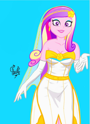 Size: 952x1316 | Tagged: safe, alternate version, artist:flutteryaylove, derpibooru exclusive, edit, editor:enrique zx, imported from derpibooru, princess cadance, human, a canterlot wedding, equestria girls, blue background, breasts, busty princess cadance, canterlot wedding 10th anniversary, clothes, dean cadance, dress, female, g4, horn, looking at you, show accurate, simple background, smiling, veil, wedding dress, wedding veil, wings