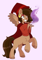 Size: 702x1003 | Tagged: safe, artist:slushpony, imported from derpibooru, oc, oc only, oc:hazelnut brew, anthro, centaur, pegasus, taur, anthro centaur, centaurified, ear piercing, earring, female, happy, hat, jewelry, magic, makeup, pegasus oc, piercing, solo, species swap, wings, witch, witch hat