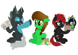 Size: 2299x1627 | Tagged: safe, artist:dyonys, imported from derpibooru, hitch trailblazer, oc, oc:demon hellspawn, oc:lucky brush, oc:night chaser, oc:sanguine hangover, oc:tarsi, changeling, earth pony, half-siren, hybrid, pony, derpibooru community collaboration, 2023 community collab, baby, baby pony, biting, book, box, braid, changeling oc, curved horn, earth pony oc, fangs, female, fluffy, folded wings, g5, glasses, group, happy, hoof hold, horn, magical gay spawn, male, mare, offspring, pegabat, pointy ponies, simple background, sitting, slit pupils, stallion, tail, tail feathers, teenager, transparent background, wings