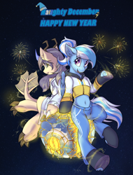 Size: 1556x2048 | Tagged: safe, artist:ravistdash, imported from derpibooru, oc, oc only, oc:ravist, oc:sharlight twiler, dracony, dragon, hybrid, pony, bipedal, clothes, destructions, earth, female, growth drive, happy new year, holiday, macro, sitting, space, text, underhoof