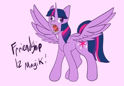 Size: 2048x1423 | Tagged: safe, artist:mscolorsplash, imported from derpibooru, twilight sparkle, alicorn, pony, derp, faic, female, mare, misspelling, open mouth, purple background, simple background, solo, spread wings, tongue out, twilight sparkle (alicorn), wings