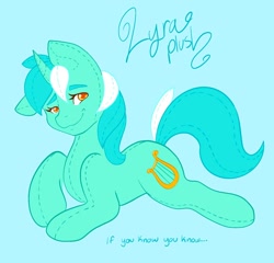 Size: 1550x1488 | Tagged: safe, artist:mscolorsplash, imported from derpibooru, lyra heartstrings, original species, plush pony, pony, unicorn, blue background, looking at you, lying down, lyra plushie, plushie, prone, simple background, smiling, smiling at you, solo, text