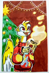 Size: 2452x3588 | Tagged: safe, artist:rapapaya, derpibooru exclusive, imported from derpibooru, derpy hooves, oc, oc only, oc:beaky, cheetah, griffon, fanfic:yellow feathers, beak, chocolate, christmas, christmas lights, christmas tree, clothes, food, griffon oc, happy, high res, holiday, hot chocolate, male, steam, sweater, traditional art, tree, wings