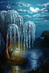 Size: 1920x2880 | Tagged: safe, artist:helmie-art, imported from derpibooru, pony, unicorn, ambiguous gender, cattails, cloud, green fur, lantern, moon, night, no face, reeds, reflection, sky, solo, tree, water, willow
