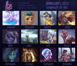 Size: 3131x2688 | Tagged: safe, artist:jewellier, idw, imported from derpibooru, discord, hitch trailblazer, princess celestia, radiant hope, starlight glimmer, trixie, oc, oc:july, oc:pisces spice, alicorn, earth pony, pegasus, squirrel, unicorn, spoiler:g5comic, 2022, alicorn oc, art summary, bust, earth pony oc, feather, female, fire, g5, high res, horn, implied fluttershy, magic, magic aura, male, mare, misty, ocean, oda 997, old man discord, pegasus oc, pier, portrait, shovel, snow, stallion, summary, summary of art, trixie's wagon, unicorn oc, wagon, water, wings