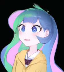 Size: 512x576 | Tagged: safe, imported from derpibooru, princess celestia, human, equestria girls, :o, anime, black background, female, machine learning generated, open mouth, principal celestia, simple background, solo