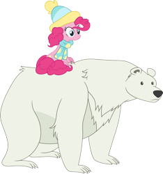 Size: 3000x3210 | Tagged: safe, artist:cloudyglow, imported from derpibooru, pinkie pie, bear, earth pony, polar bear, pony, best gift ever, .ai available, female, mare, ponies riding bears, riding, simple background, solo, transparent background, vector